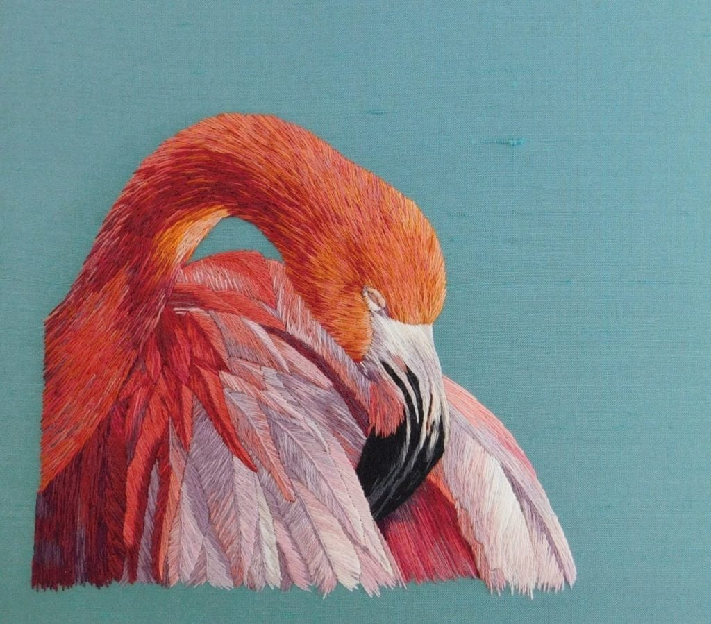 Embroided flamingo by Amy Burt future RSN tutor