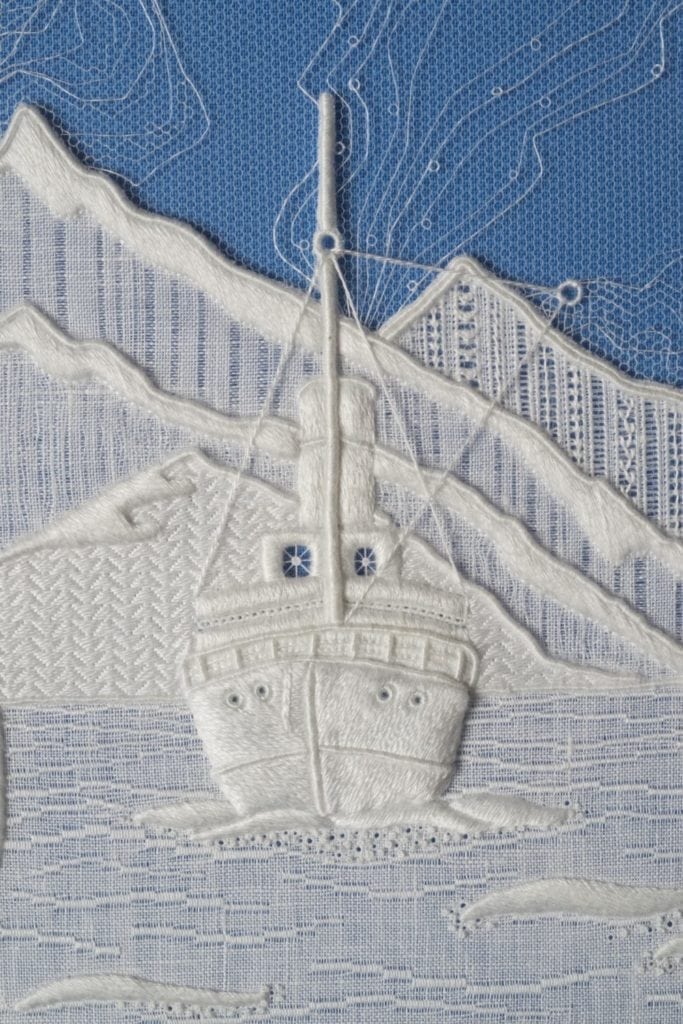 white work cnavas embroidery produced by a rsn student